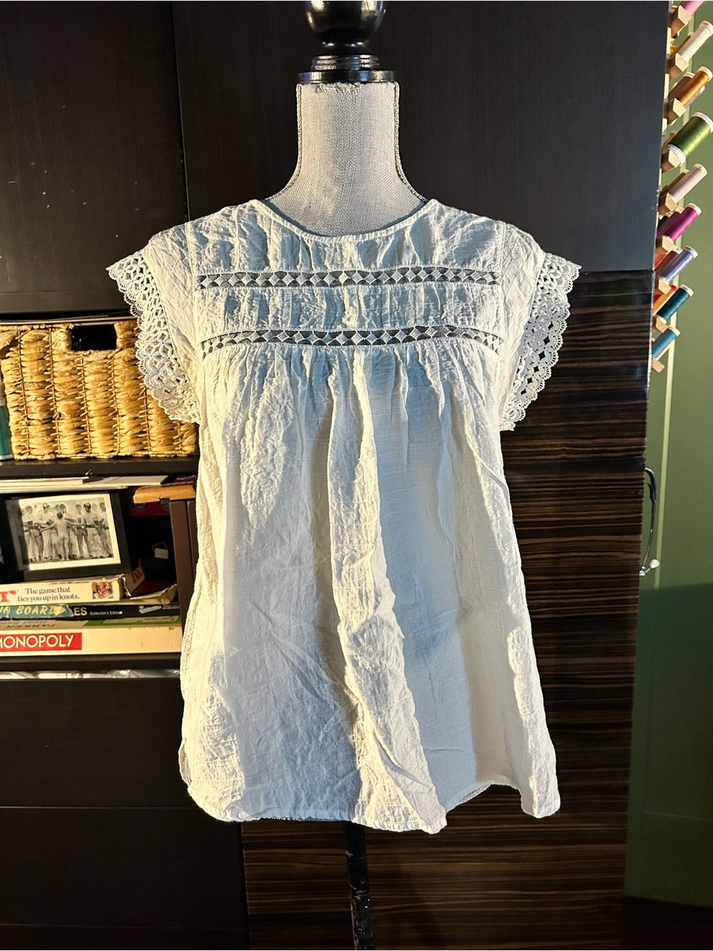 Women's Cream Cotton Lace-Trim Peasant Blouse